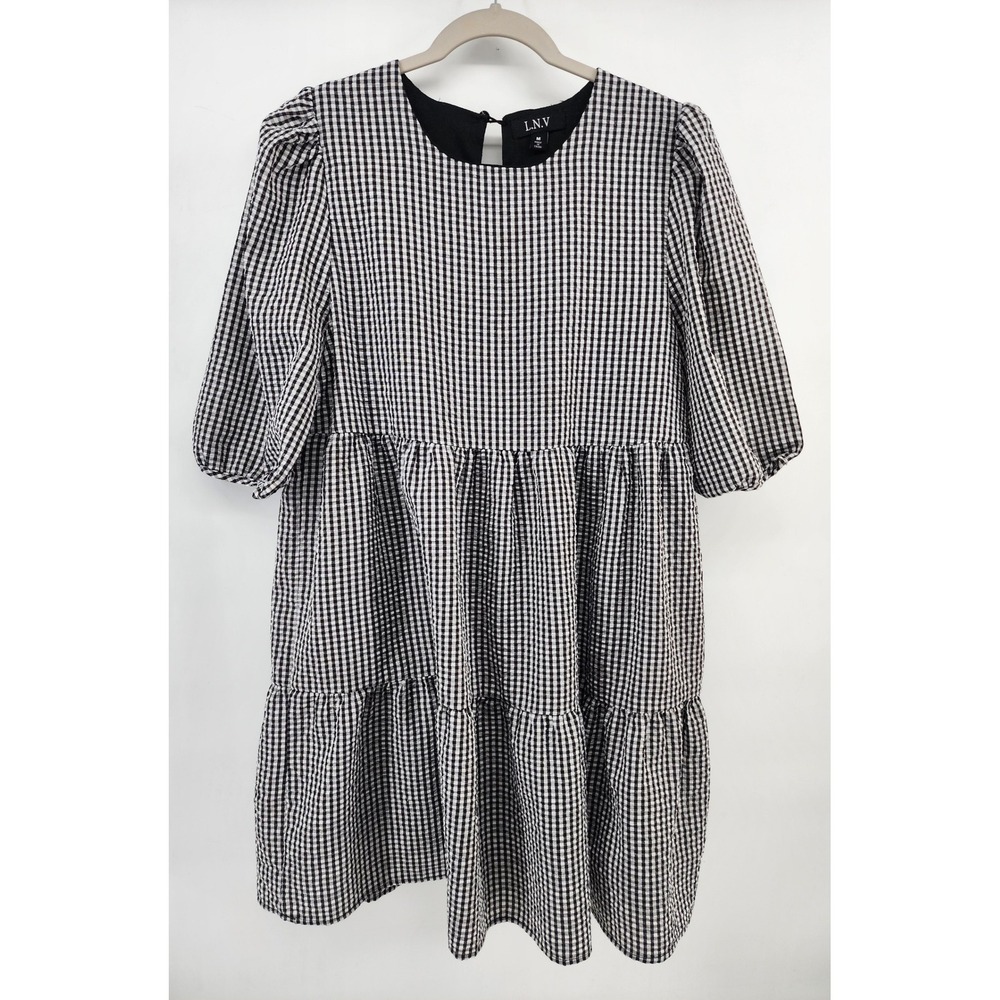 L.N.V. Womens Gingham Tiered Babydoll Dress Black White Puff Sleeve Size M - Picture 2 of 8